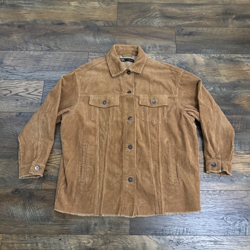 Zara Corduroy Jacket Womens XS Brown Button Front Cotton Shacket Dark Academia